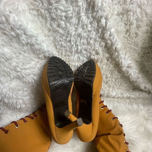 Bamboo Synthetic nubuck tan Combat knee high lace Up Stiletto Platform Boots SZ9 - Picture 12 of 12